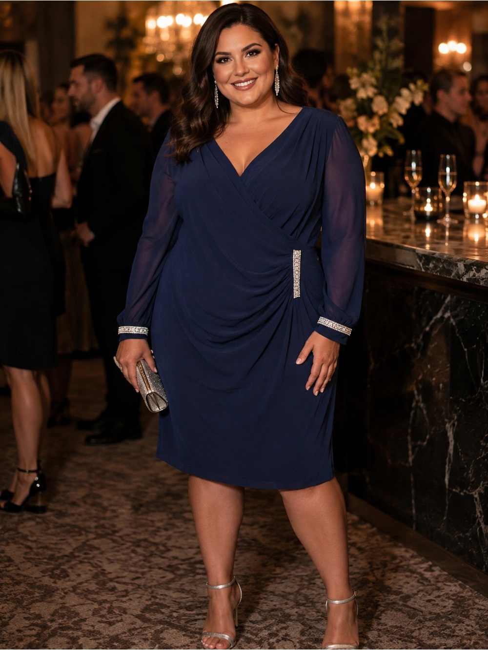 Navy Blue size 16 V-Neck Long Sleeve Cocktail Dress
